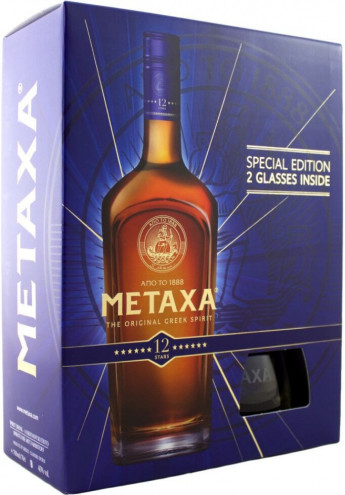 Метакса 12 лет в подарочной упаковке с двумя бокалами